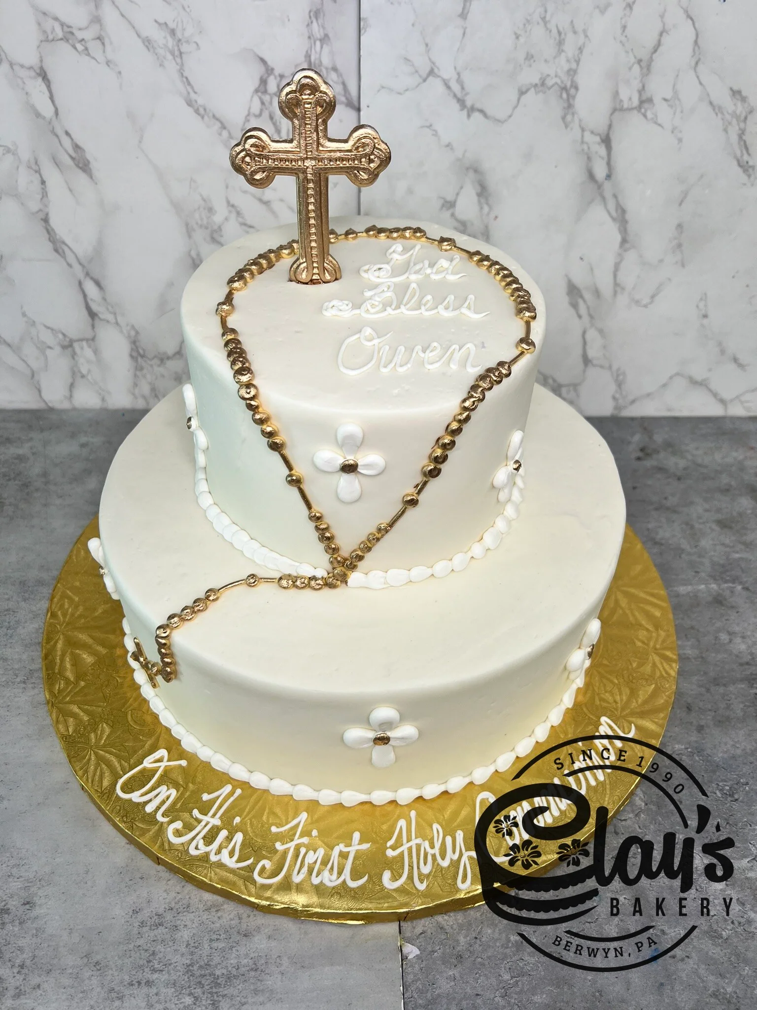 Golden Cross and Rosary - Two Tier Cake