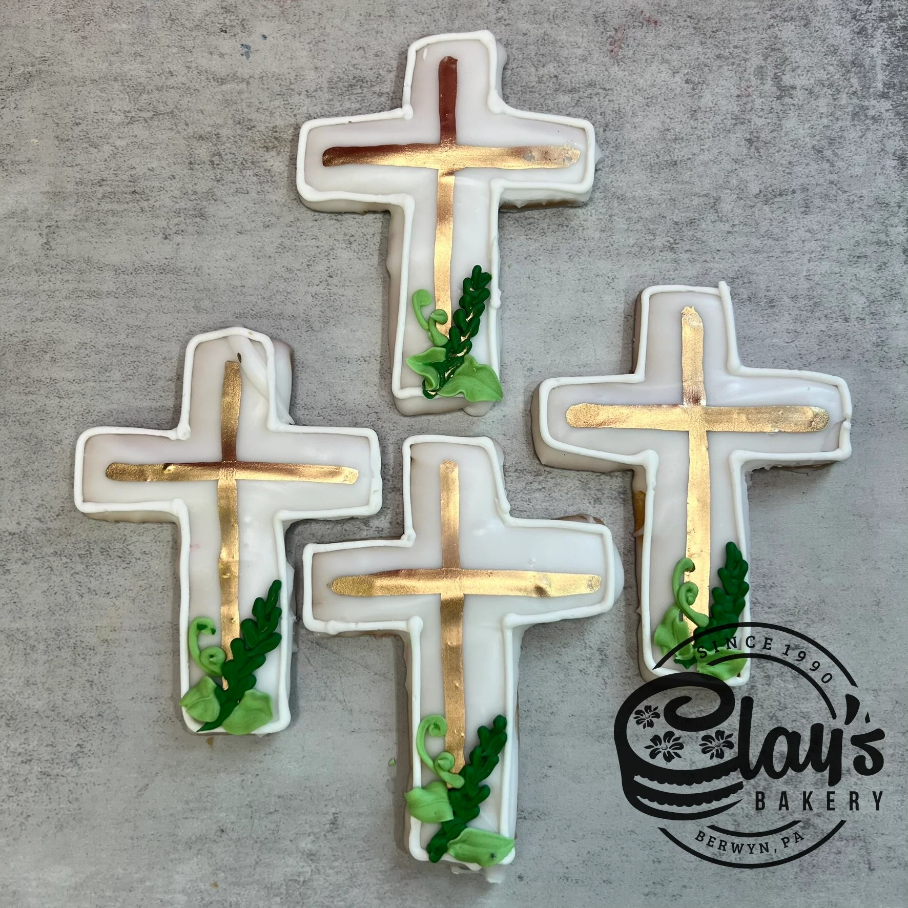 Metallic Cross and Greenery Cookies