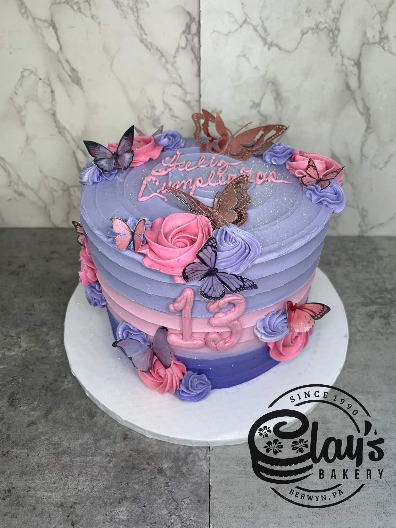 Pink and Lavender Gradient with Butterflies - Three Layer Cake