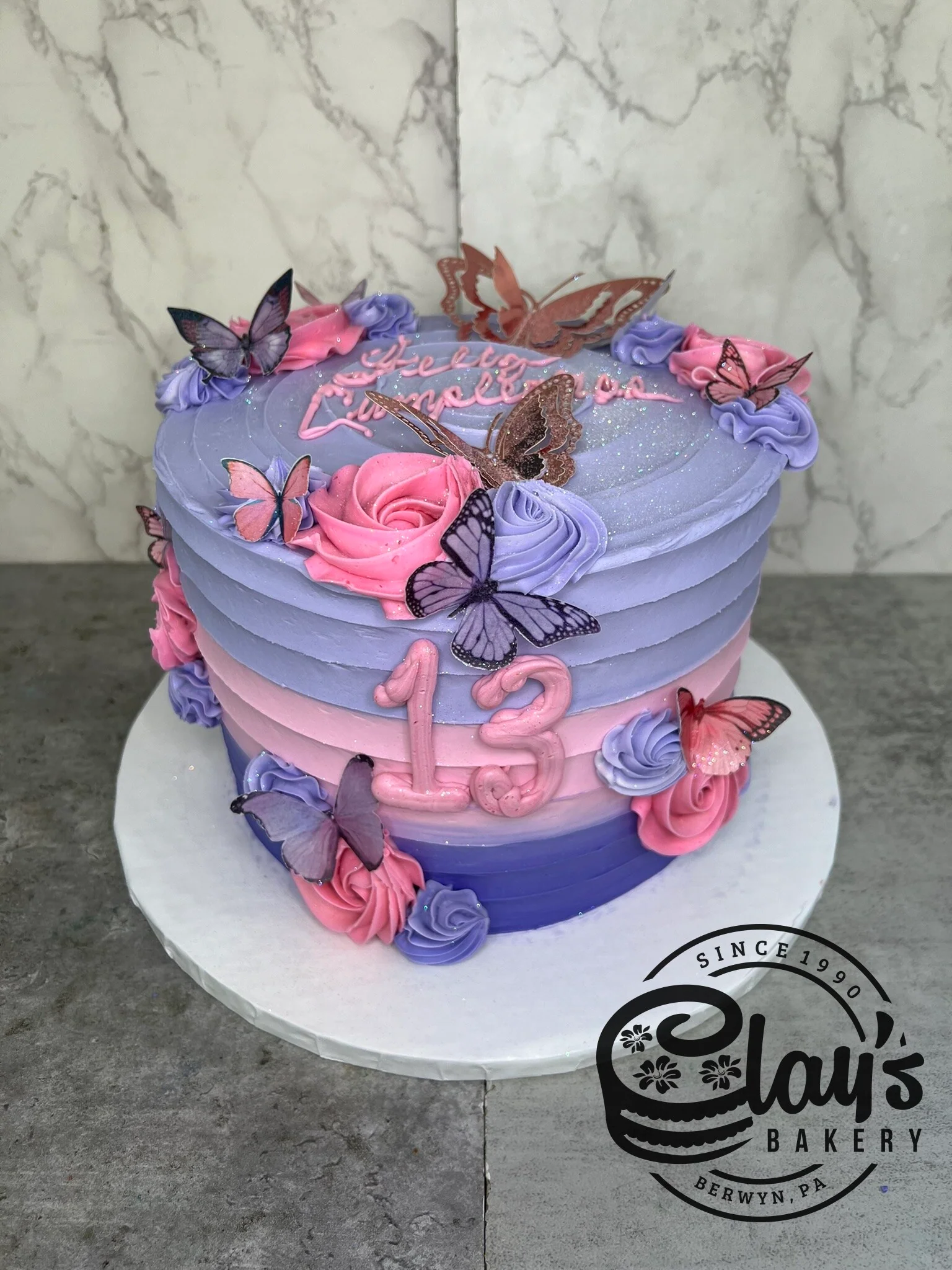 Pink and Lavender Gradient with Butterflies - Three Layer Cake - Image 2