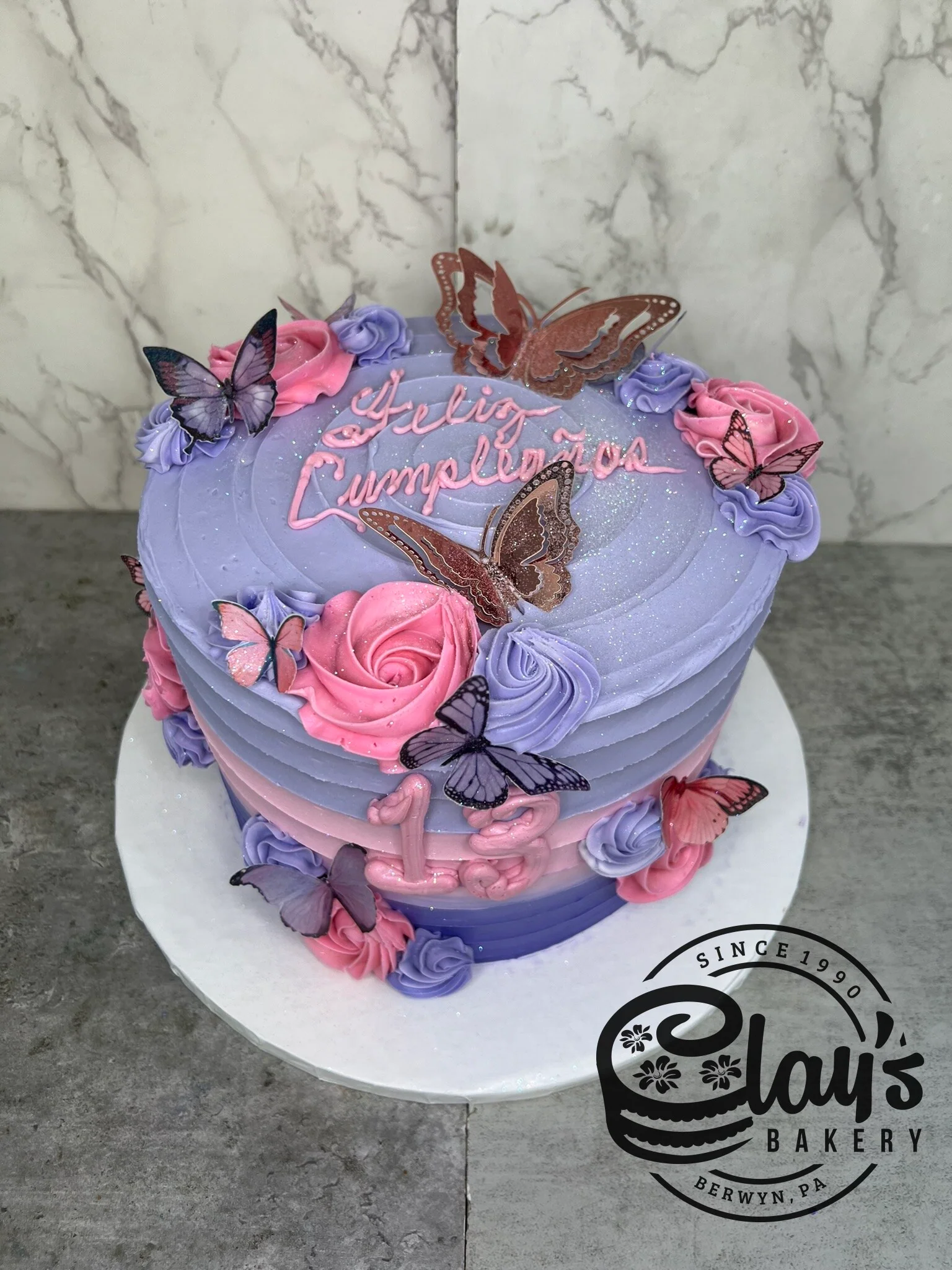 Pink and Lavender Gradient with Butterflies - Three Layer Cake - Image 3