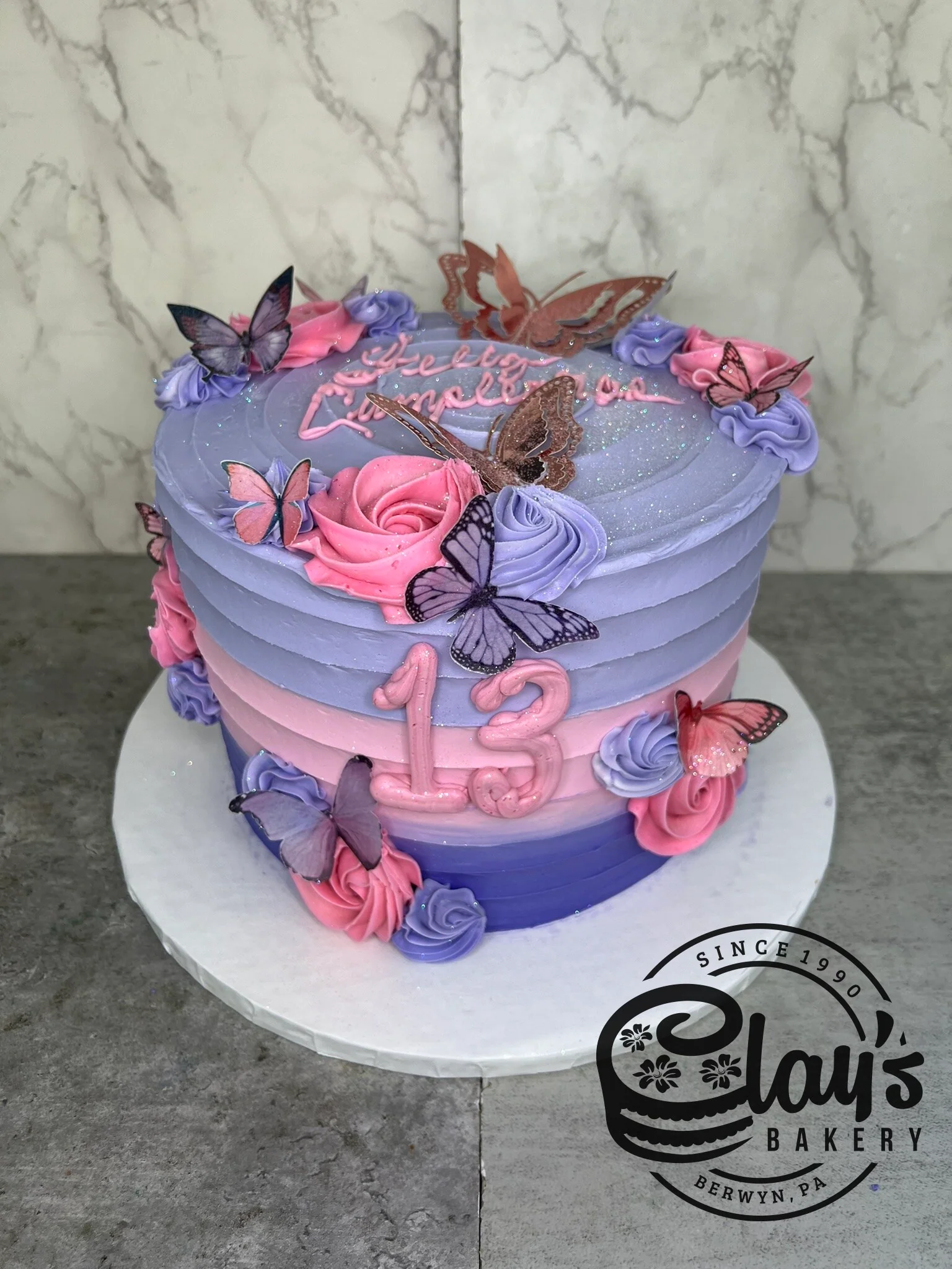 Pink and Lavender Gradient with Butterflies - Three Layer Cake - Image 4