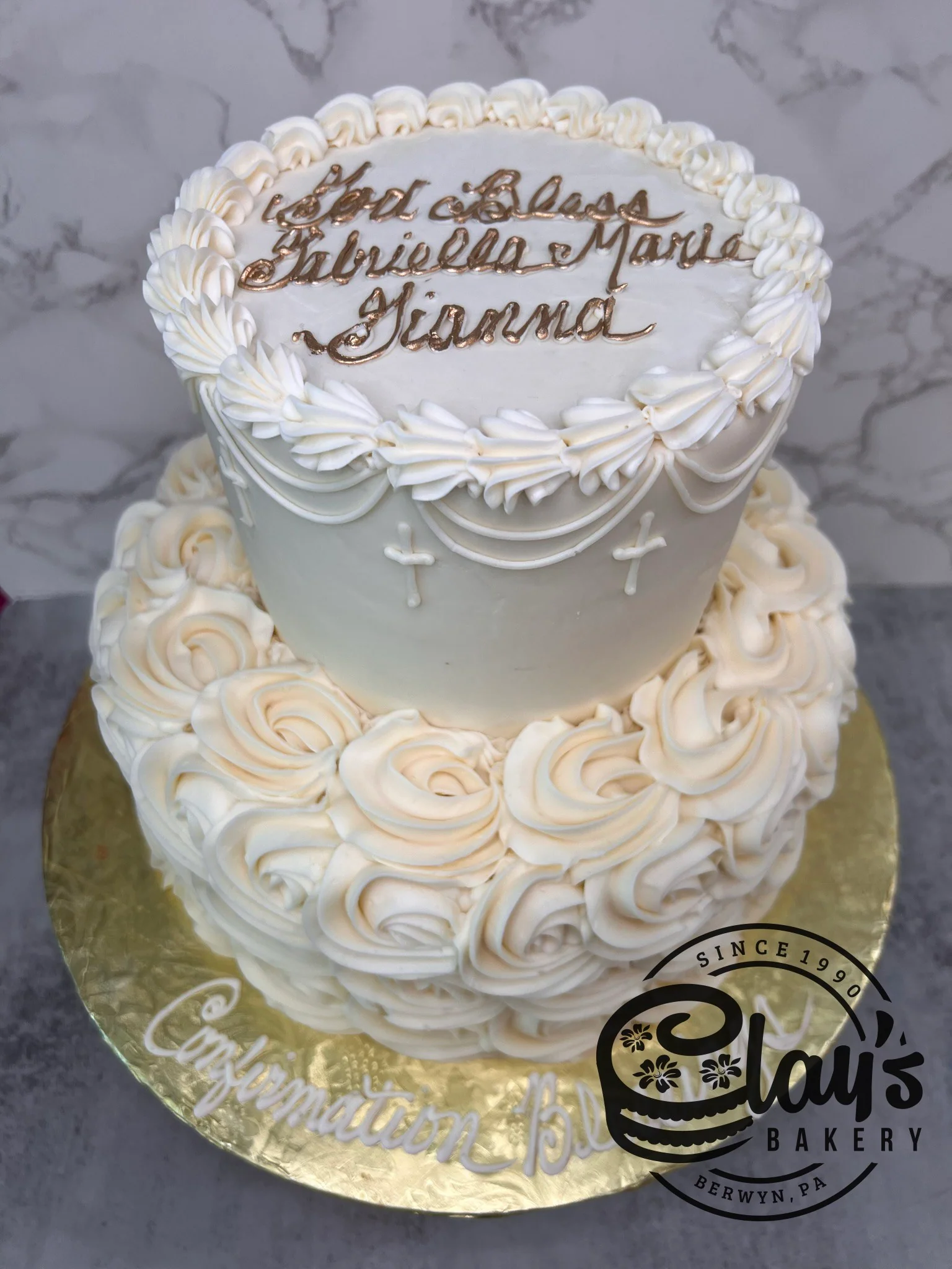 White Rosettes with Crosses and Gold Writing - Two Tier